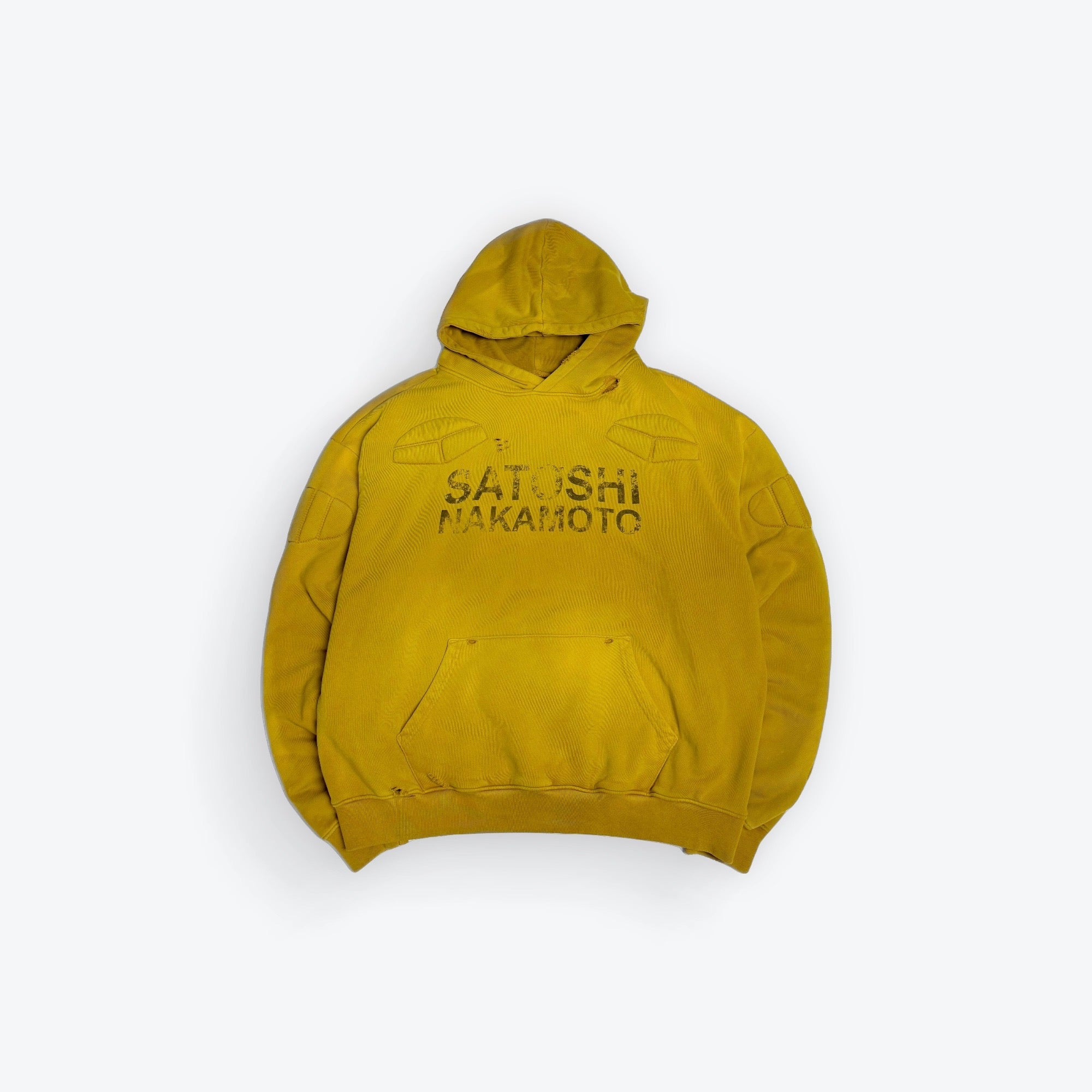 Yellow hoodie with 'Satoshi Nakamoto' text on a white background
