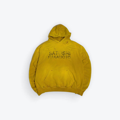 Yellow hoodie with 'Satoshi Nakamoto' text on a white background
