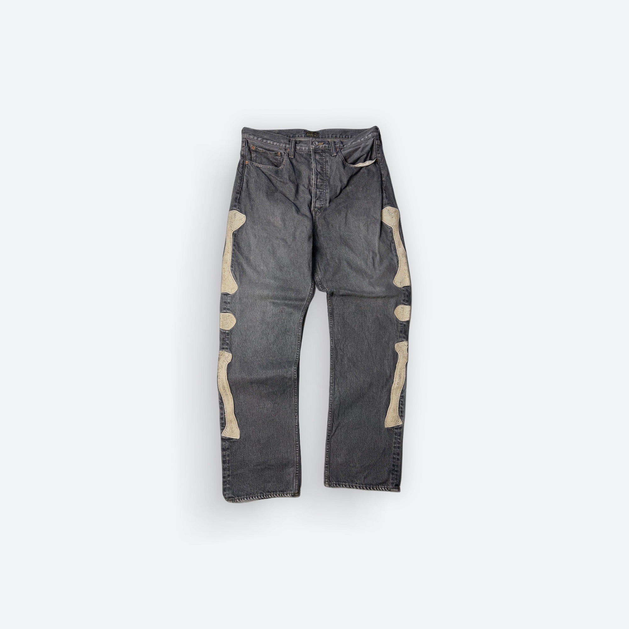 Slim Fit Bone Crochet-Trimmed Denim