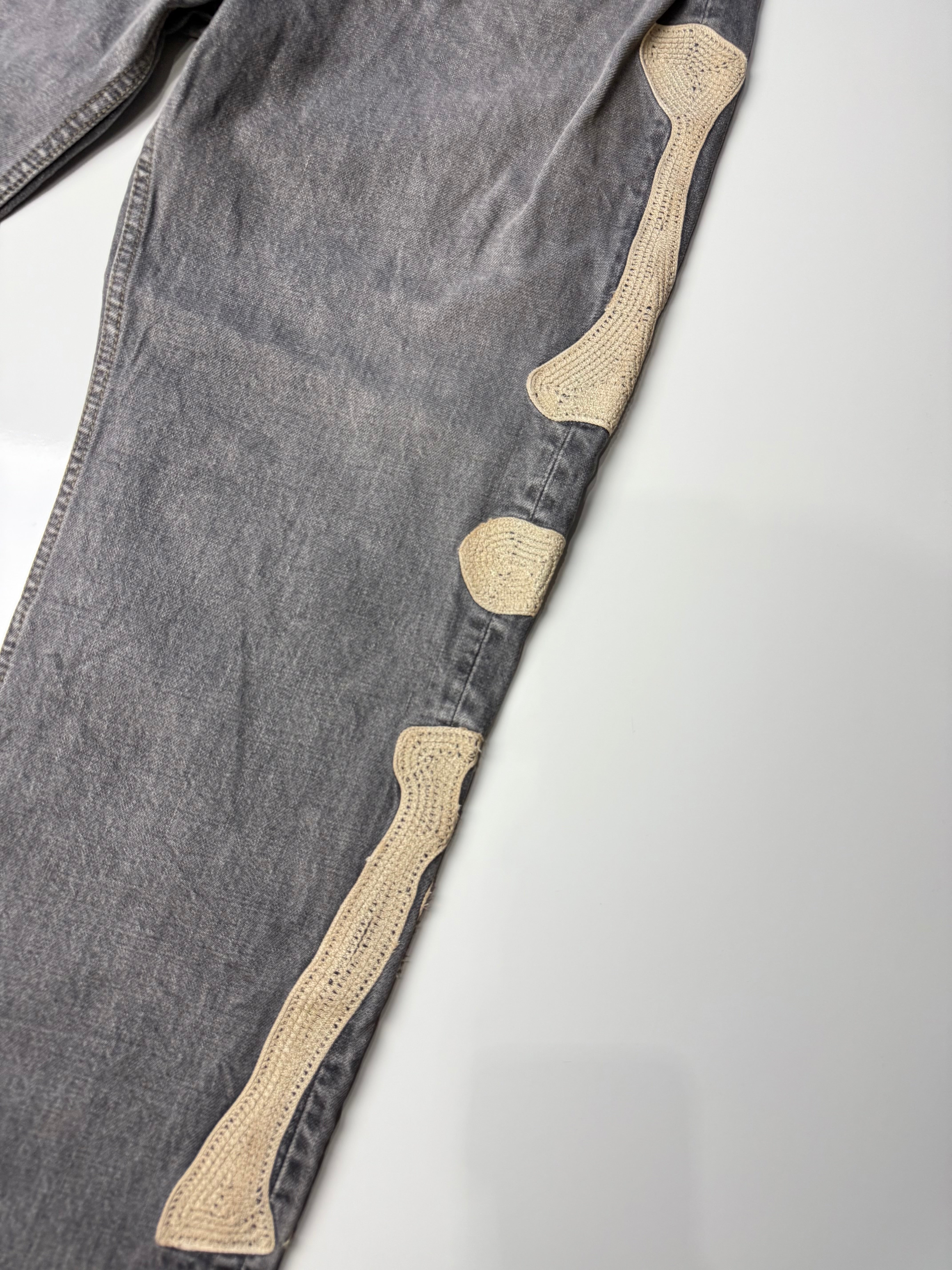 Slim Fit Bone Crochet-Trimmed Denim